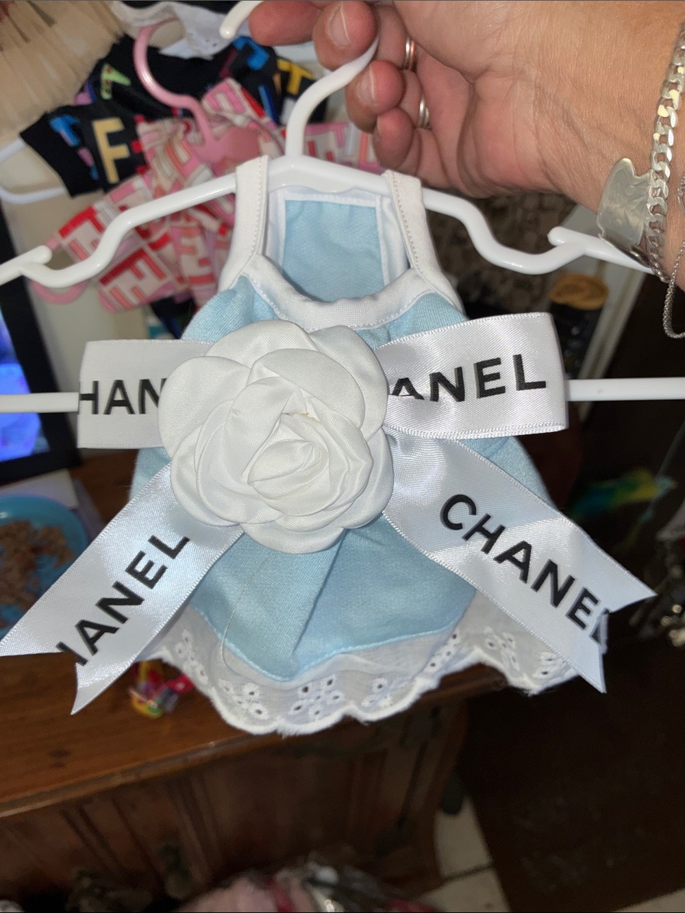 CHANEL styleLight Blue Camisole Dress for pets with Floral Accent - Picture 3 of 3
